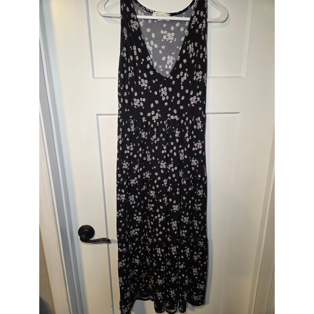 Jessica Simpson Black Floral Daisy Ribbed V-Neck Sleeveless Midi Dress Womens S